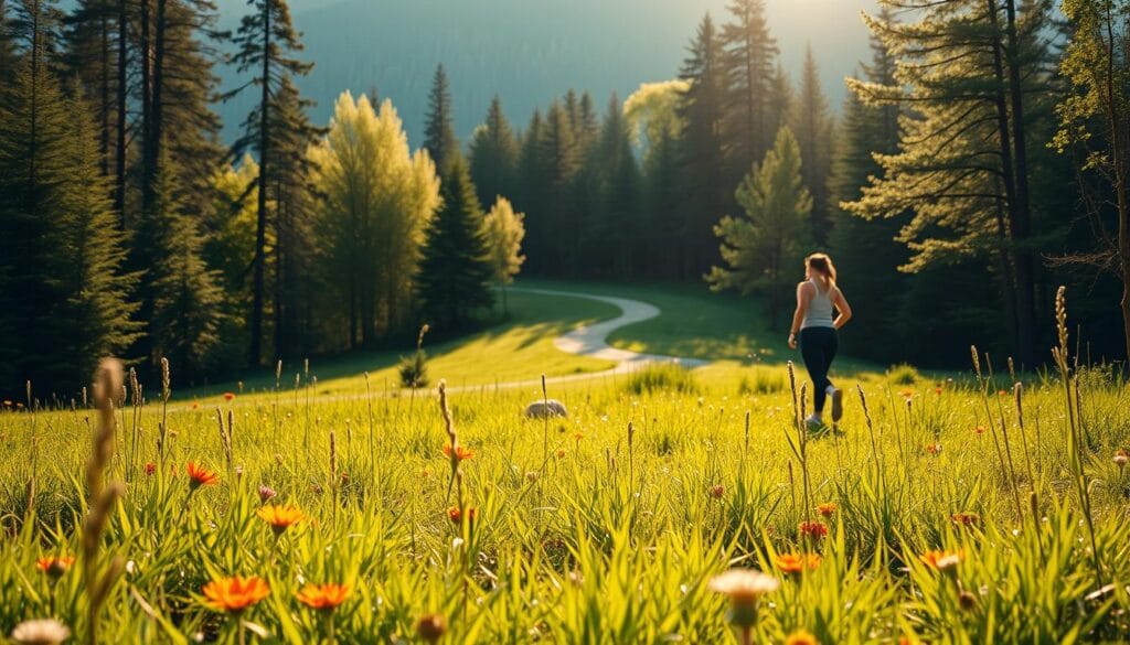 A serene outdoor scene with a lush green meadow in the foreground, dotted with vibrant wildflowers. In the middle ground, a person in activewear is walking purposefully, exuding a sense of determination. The background features a meandering path leading into a picturesque forest, symbolizing the journey of growth and transformation. Warm, golden sunlight filters through the trees, casting a soft, uplifting glow over the entire scene. The overall mood is one of hope, optimism, and the belief in personal growth and positive change.