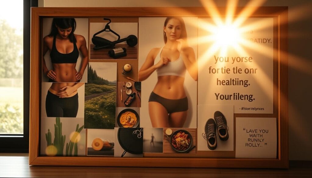 A sunlit vision board filled with images of a toned, fit body, exercise equipment, healthy meals, a pair of running shoes, and a motivational quote against a serene nature backdrop. Warm, soft lighting casts an inspiring glow, with a sense of determination and focus. The board is thoughtfully curated, reflecting the individual's aspirations for physical transformation. Elements are arranged in a visually appealing, balanced composition, encouraging the viewer to visualize their own journey towards a healthier, stronger self.